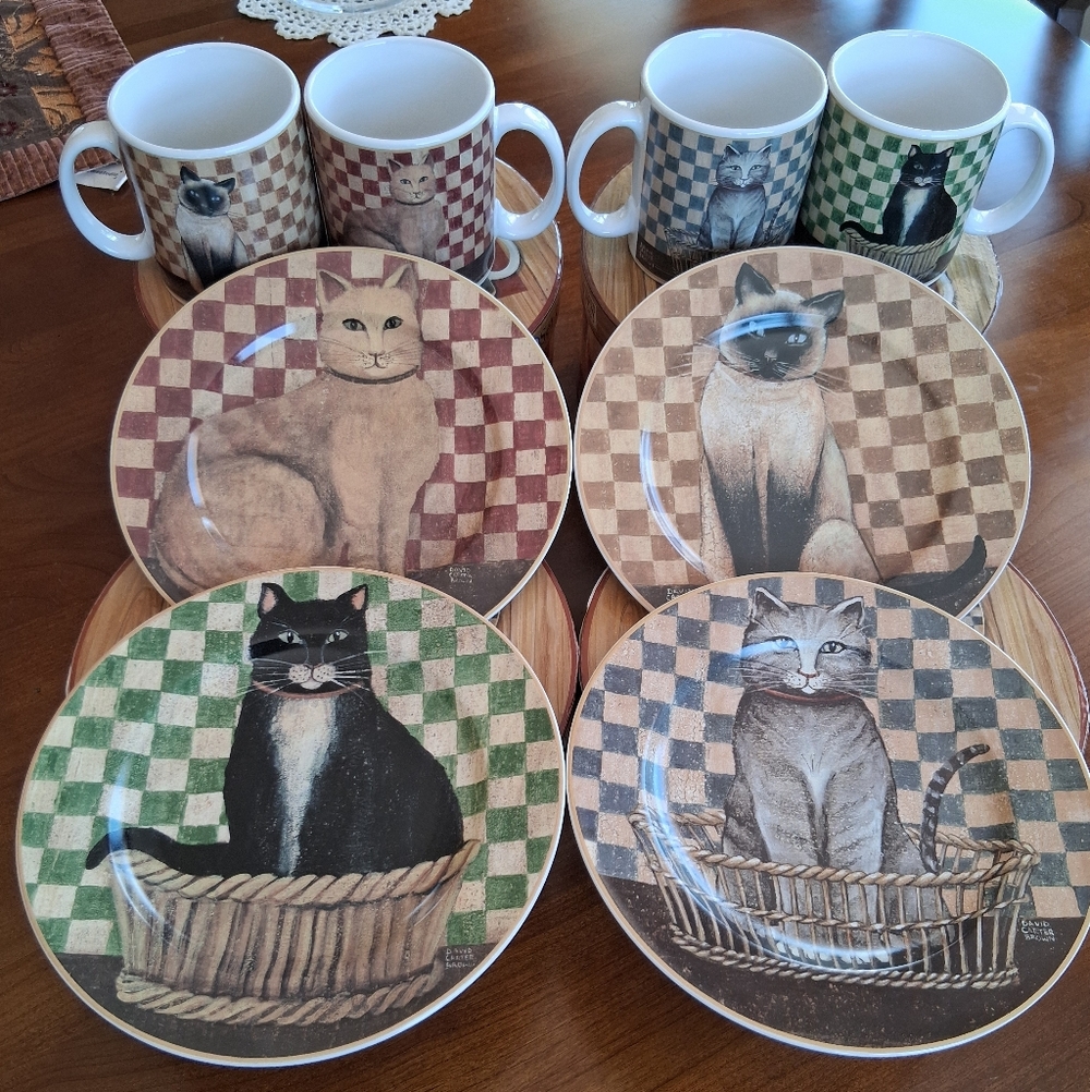Set of 4 Stoneware Mugs and Plates- "Country Kitties" by David Carter Brown